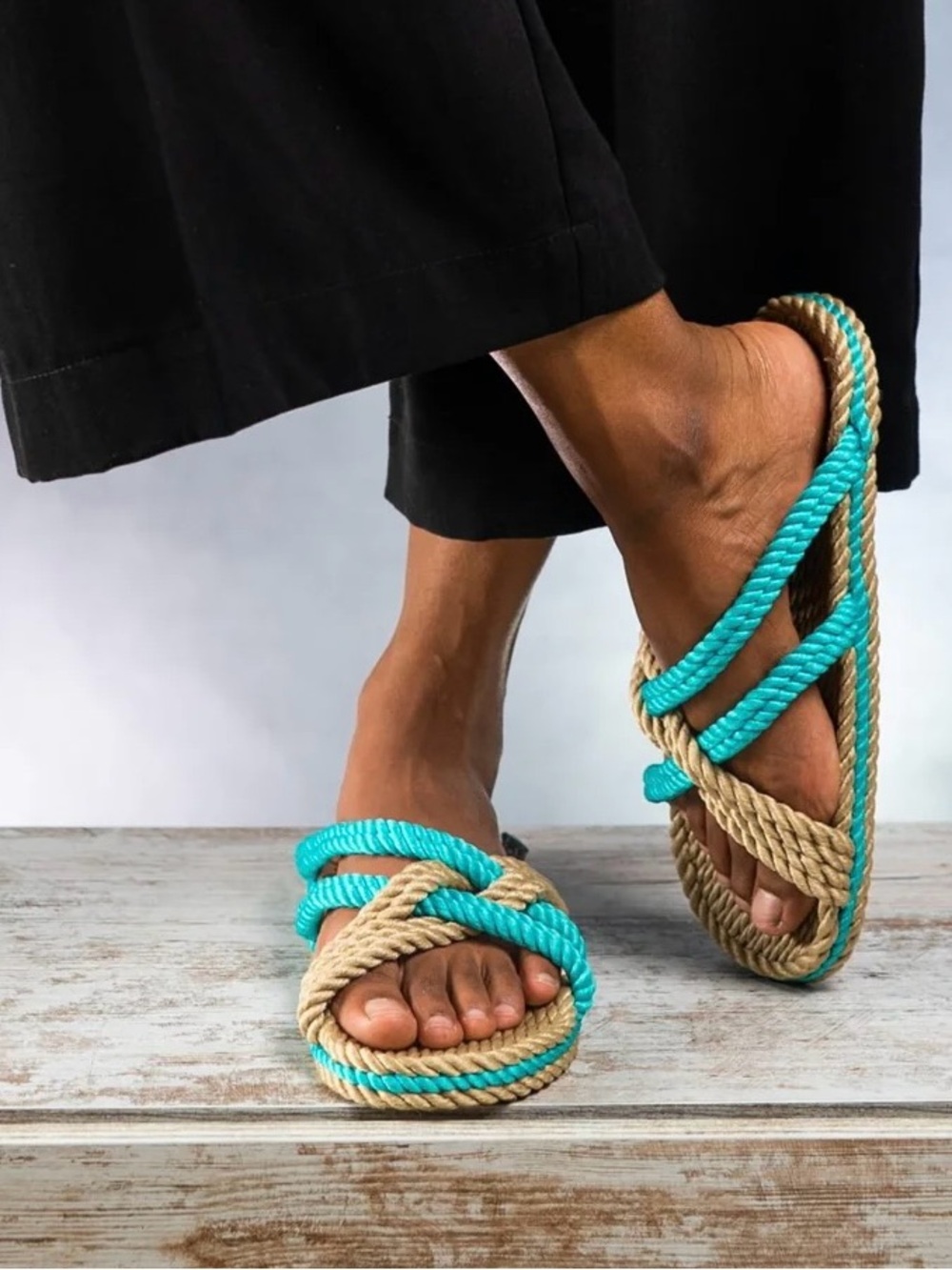 Nomadic State of Mind Slip On Rope Sandal Beige/ Turquoise Size 36 New